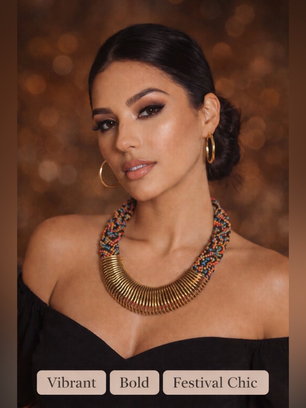 Statement Multicolor Beaded Collar Necklace Gold Tone Chunky Boho Tribal